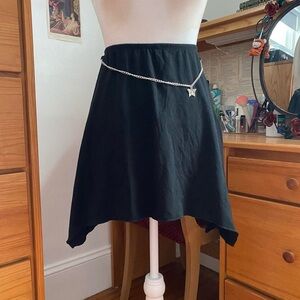 Black Y2K Asymmetrical Mini Skirt with Silver Butterfly Charm Hip Chain Detail